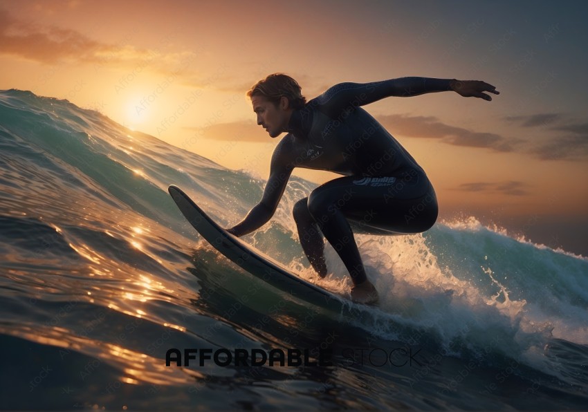 Surfer Catching Waves at Sunset