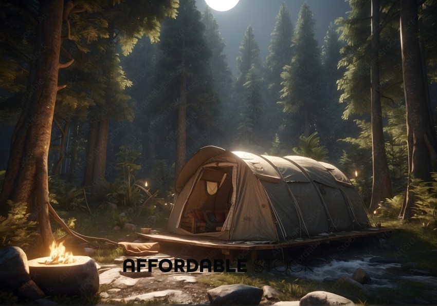 Peaceful Camping Scene by Forest Stream at Night