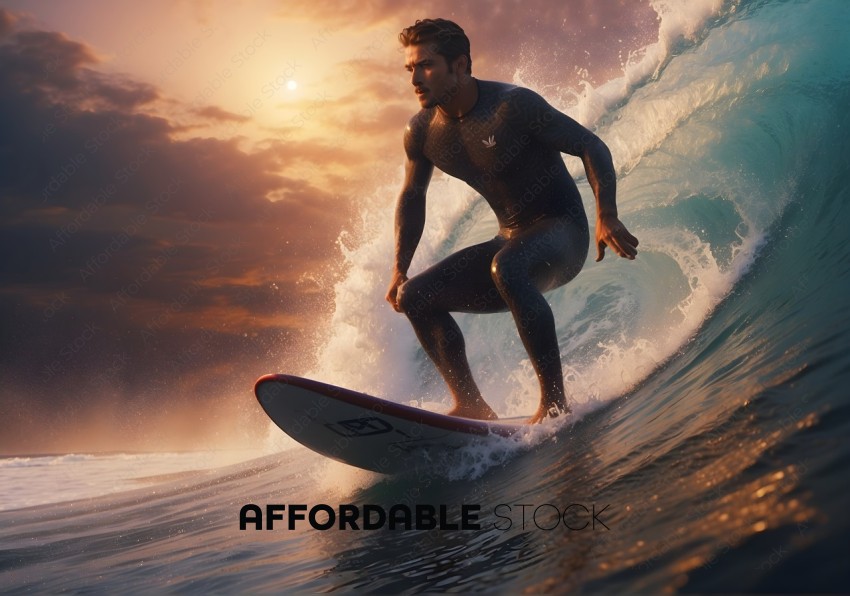 Surfer Riding Waves at Sunset
