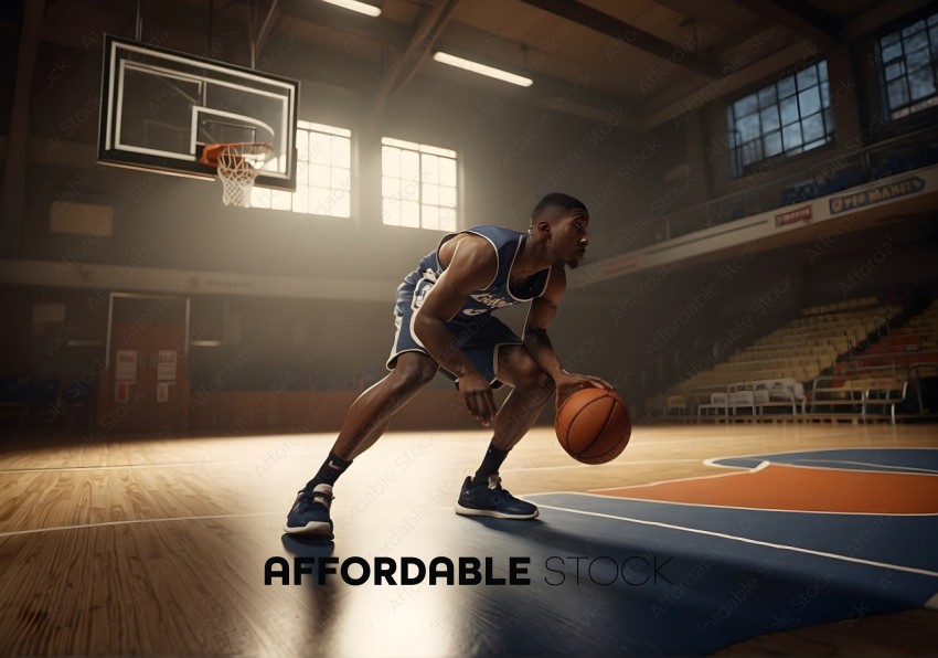 Basketball Player Preparing to Dribble in Indoor Court
