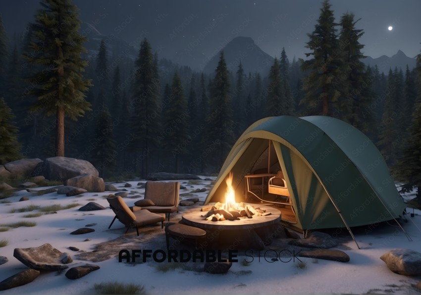 Winter Camping Night Scene with Campfire and Tent