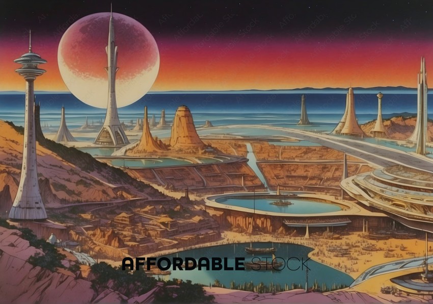 Futuristic Cityscape with Planetary Backdrop