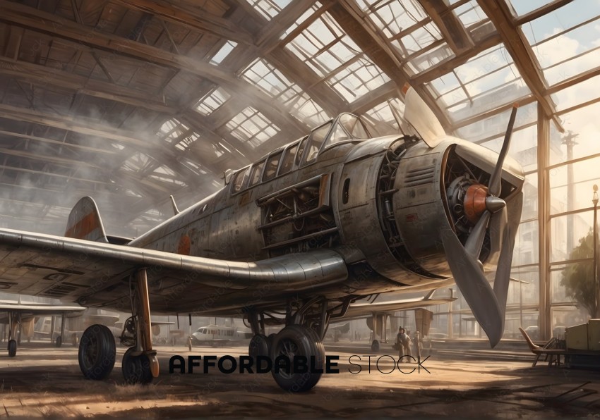 Vintage Airplane in Sunlit Hangar