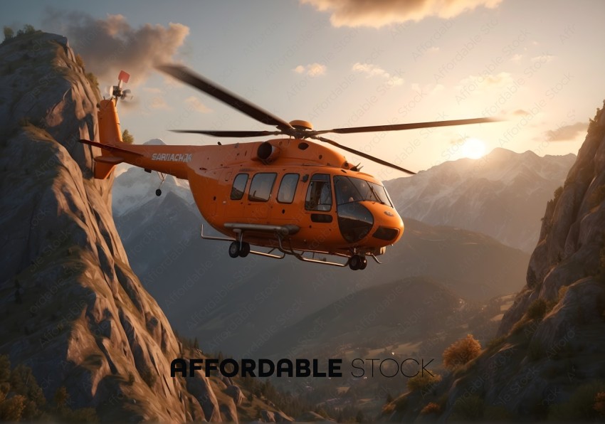 Orange Rescue Helicopter over Mountainous Terrain
