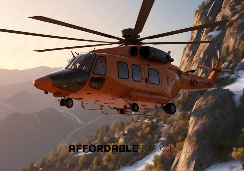 Orange Rescue Helicopter in Mountainous Terrain