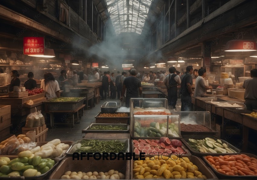 Bustling Market Scene with Fresh Produce