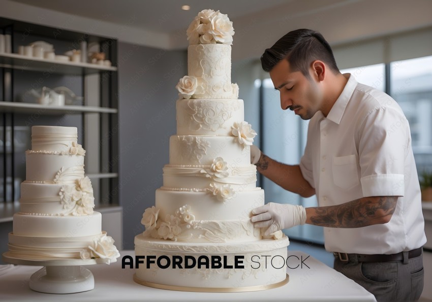 Bride Adjusting a Multi-tiered Wedding Cake