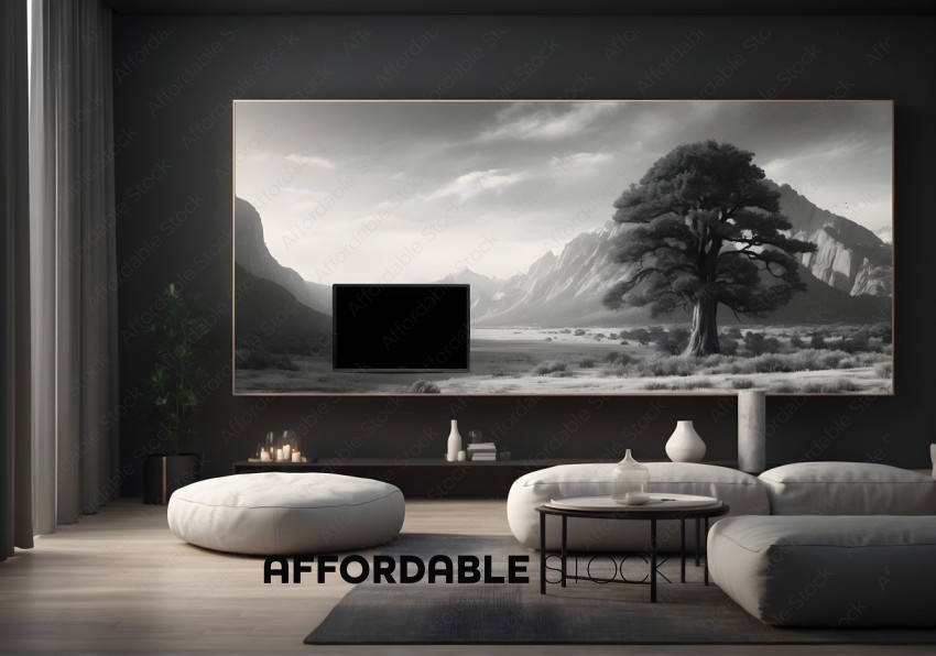 Monochrome Living Room with Nature Wall Art