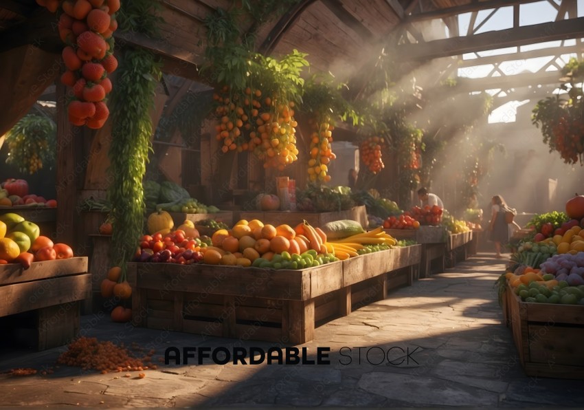 Sunlit Produce Market with Fresh Fruits and Vegetables