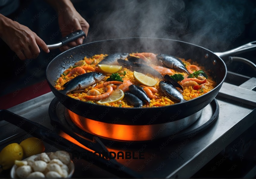 Sizzling Seafood Paella in Pan on Stove