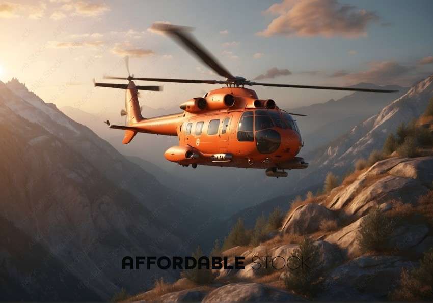 Orange Helicopter Over Mountain Range at Sunset