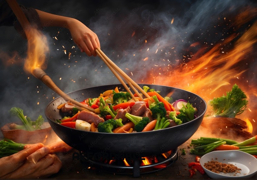 Stir-Fry Cooking on Fiery Stove