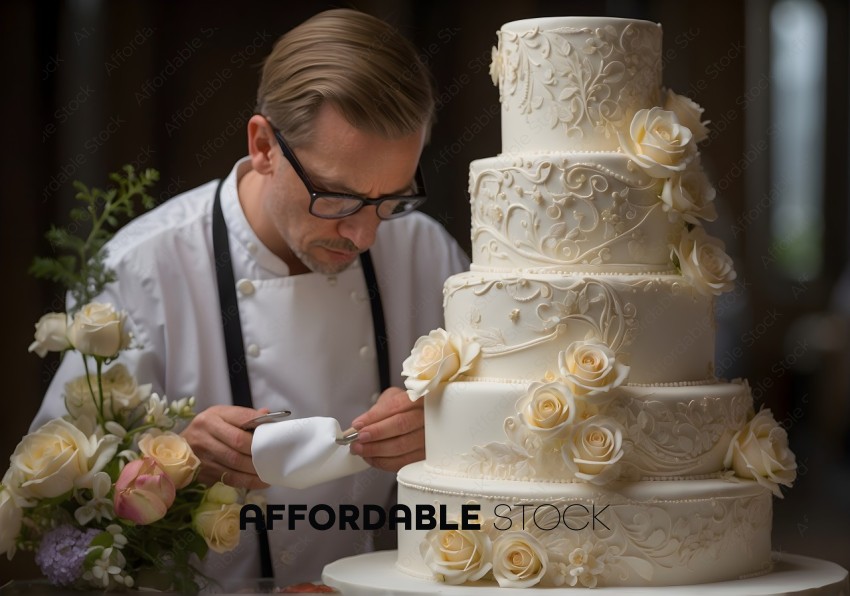 Pastry Chef Decorating Elegant Wedding Cake
