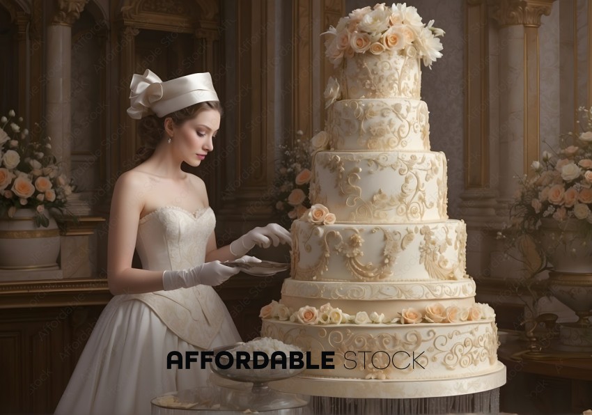 Elegant Bride Admiring Ornate Wedding Cake