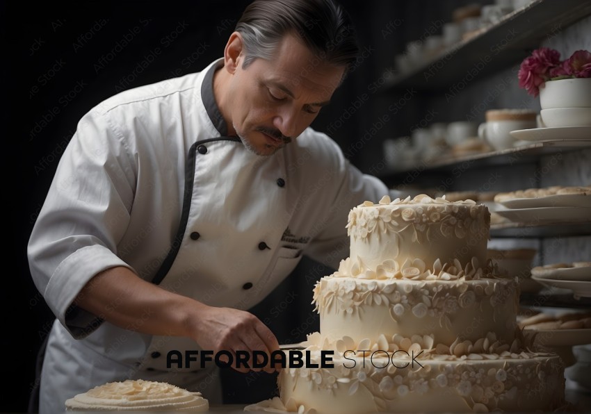 Pastry Chef Decorating Elegant Wedding Cake