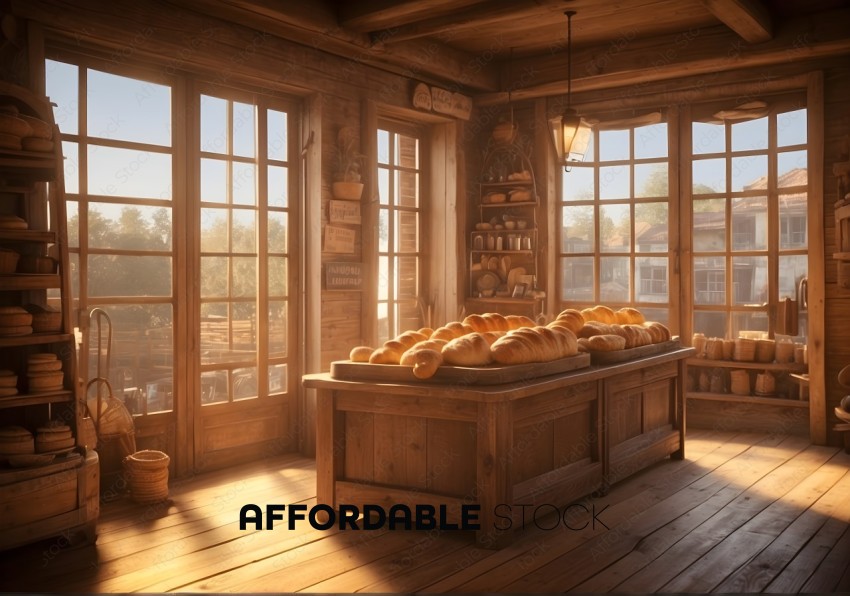 Rustic Bakery Interior with Fresh Bread on Display
