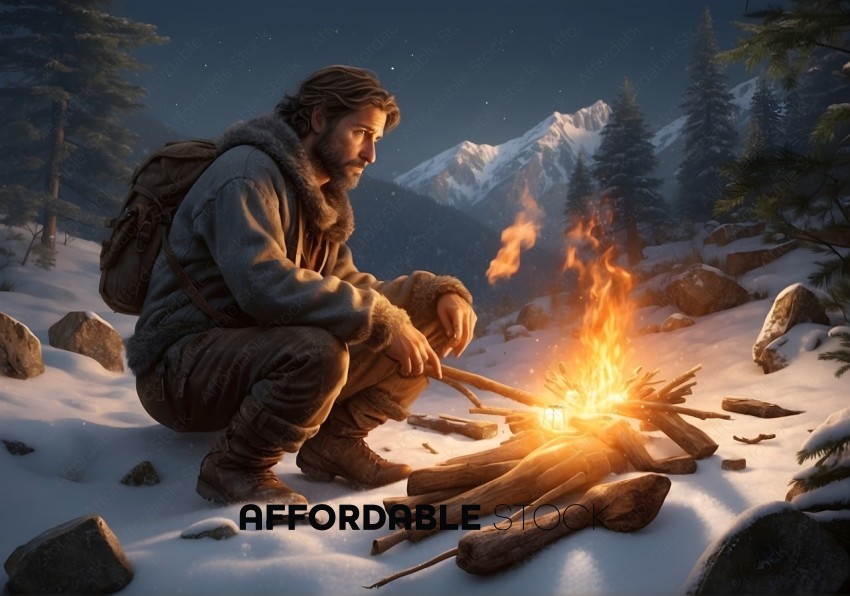 Winter Explorer Warming by Campfire in Snowy Mountains