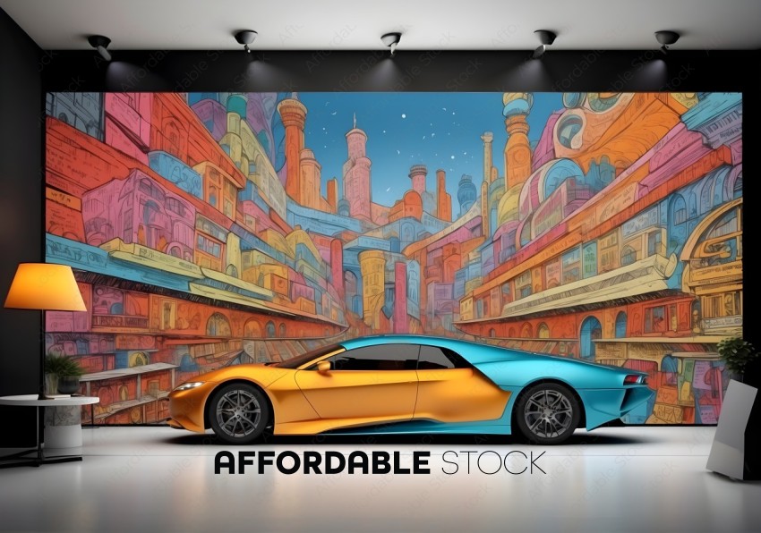 Sports Car in Modern Showroom with Graffiti Art Wall