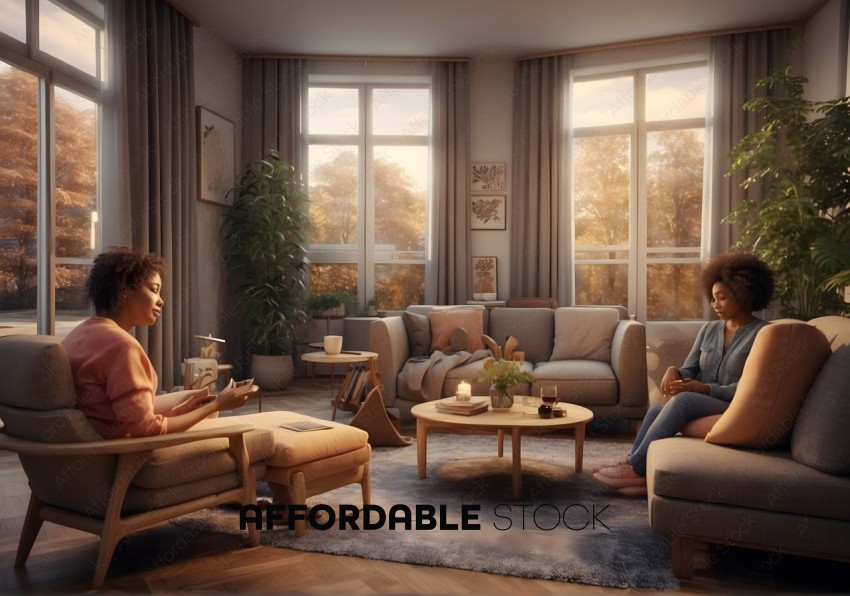 Cozy Autumn Living Room Scene with Two Women Relaxing
