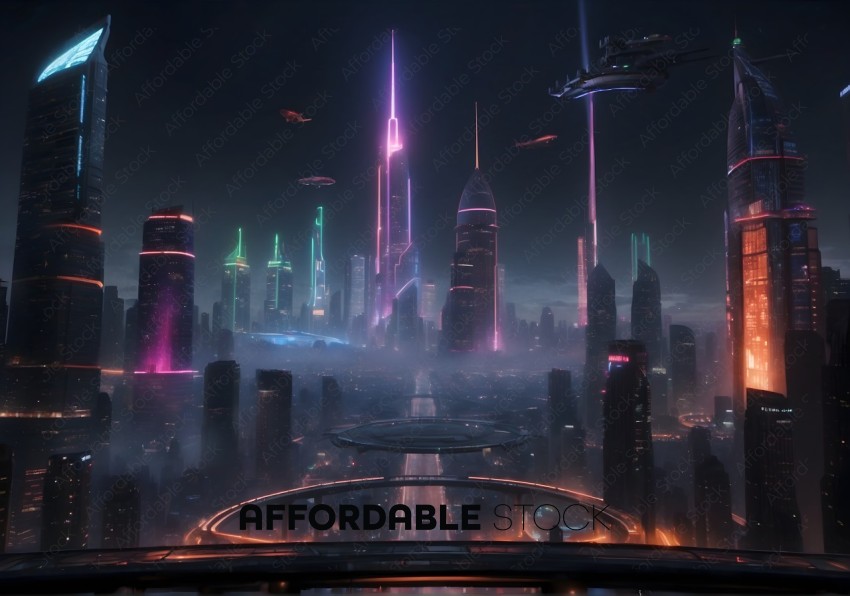 Futuristic Cityscape with Flying Vehicles at Night