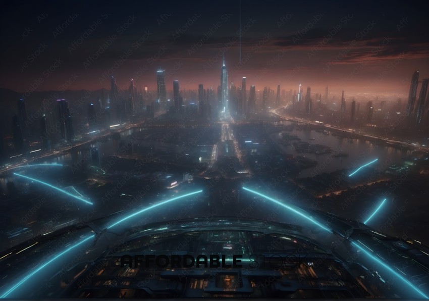 Futuristic Cityscape at Dusk with Neon Lights