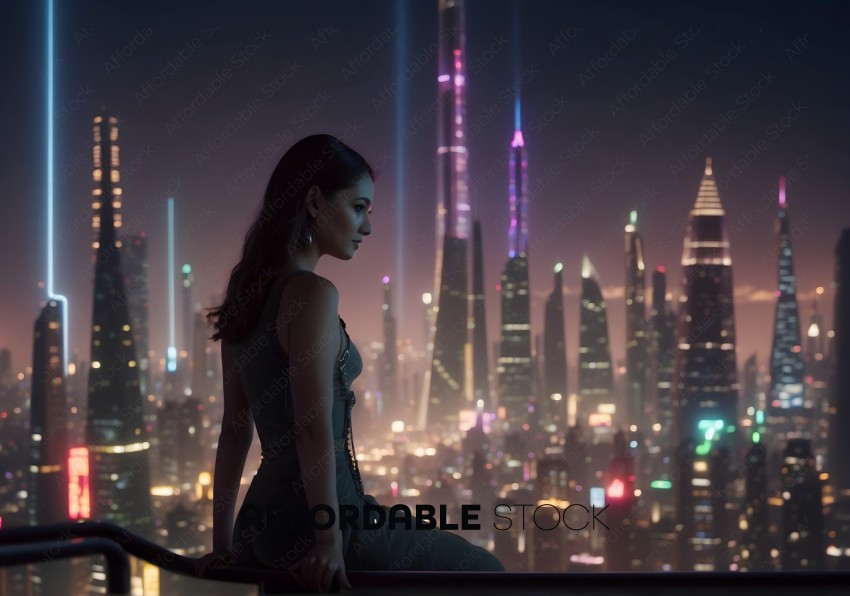 Elegant Woman Overlooking Nighttime Cityscape