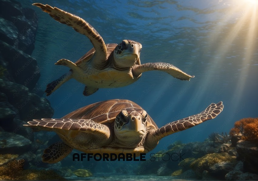 Underwater Sea Turtles with Sun Rays