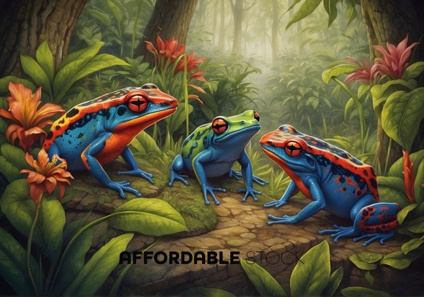 Colorful Poison Dart Frogs in Tropical Forest