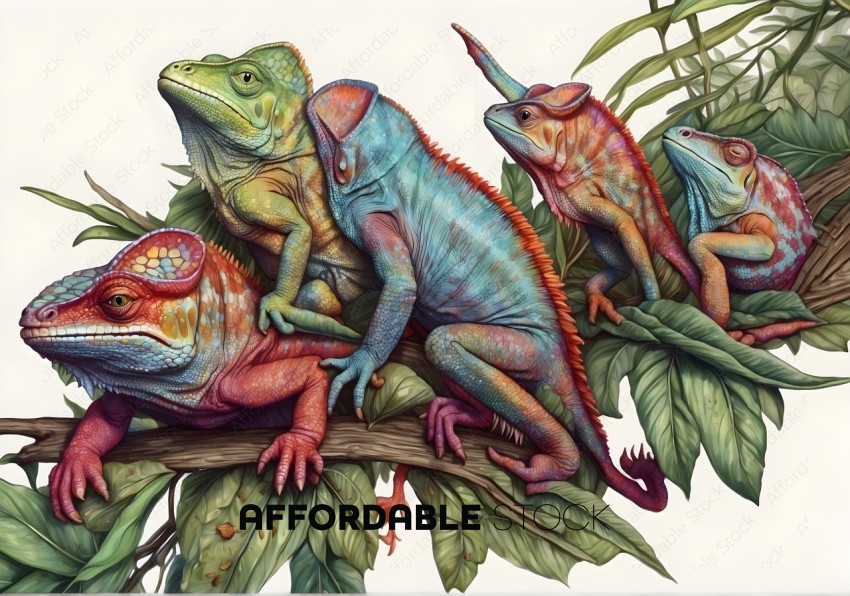 Colorful Crested Geckos Amidst Tropical Foliage