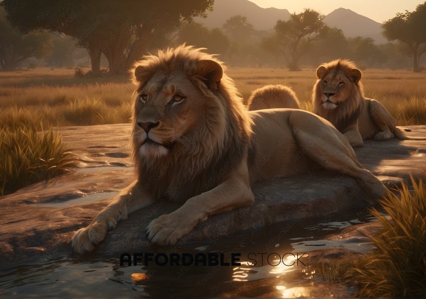 African Lions Resting by Waterhole at Sunset
