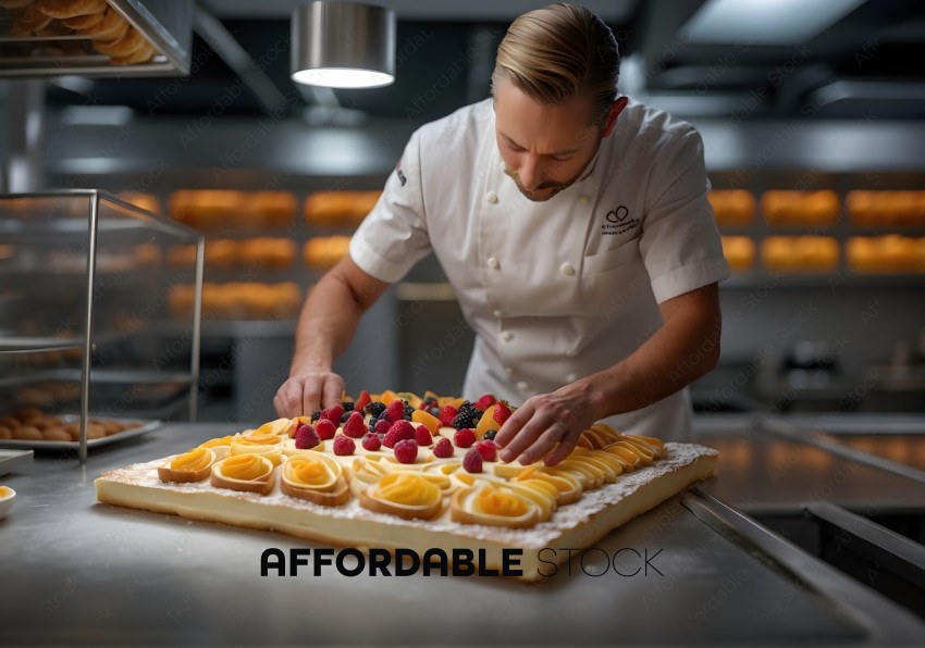 Pastry Chef Decorating a Cake in a Professional Kitchen