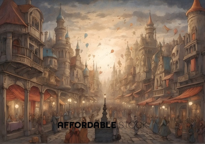 Enchanting Fantasy Cityscape with Balloons at Dusk