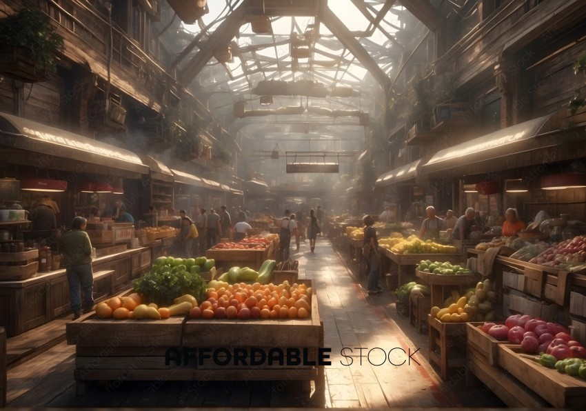 Bustling Indoor Market Scene with Fresh Produce