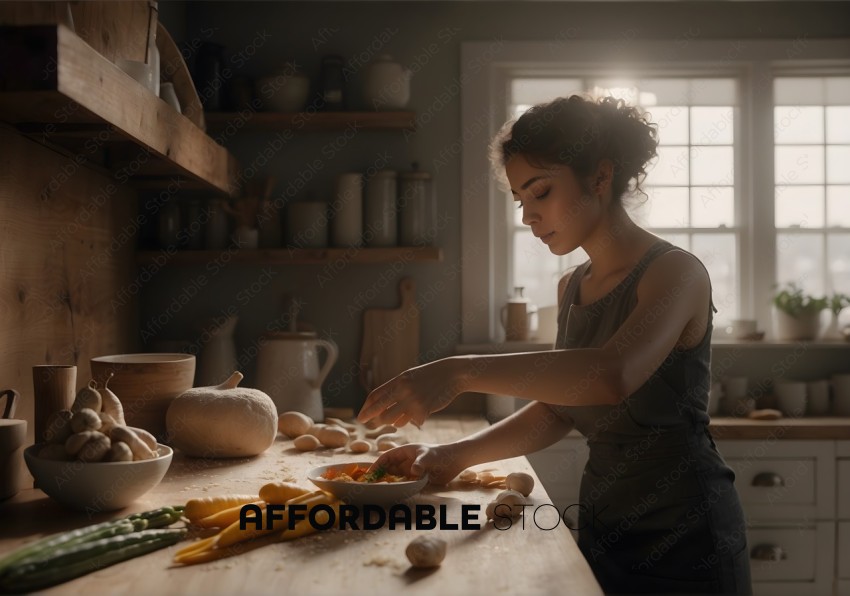 Woman Preparing Food in Rustic Kitchen