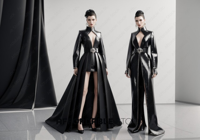 Elegant Women in Shiny Black Dresses