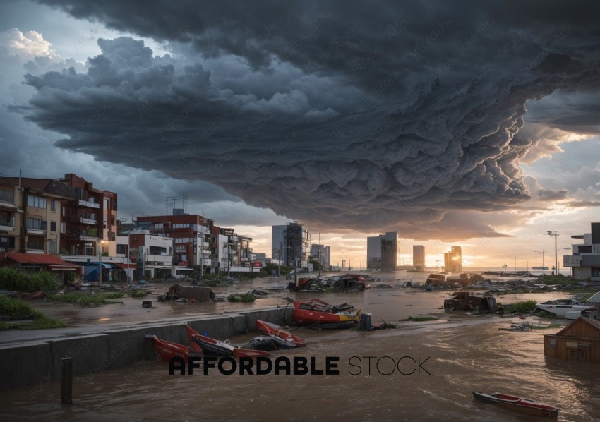 Dramatic Supercell Cloud Over Flooded Cityscape at Sunset