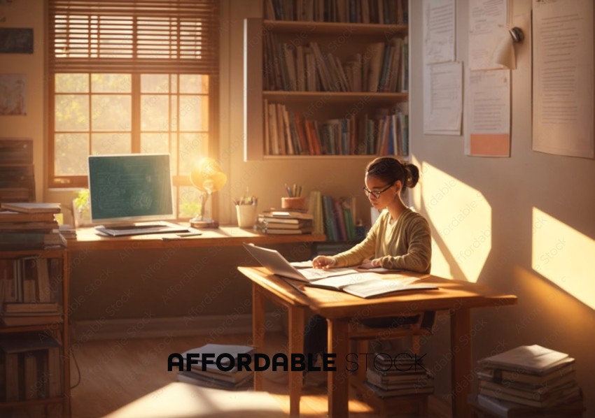 Young Woman Studying in Sunlit Room