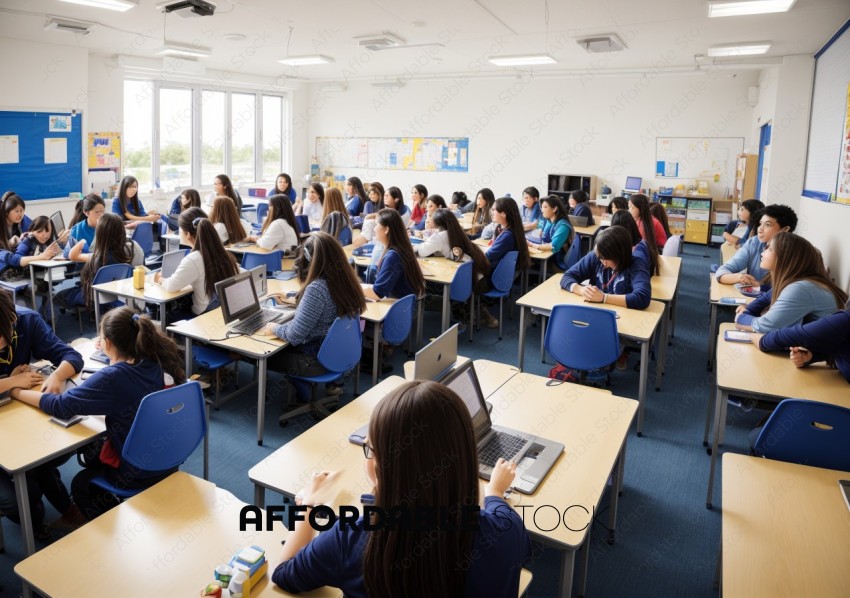 High School Students in Classroom with Laptops