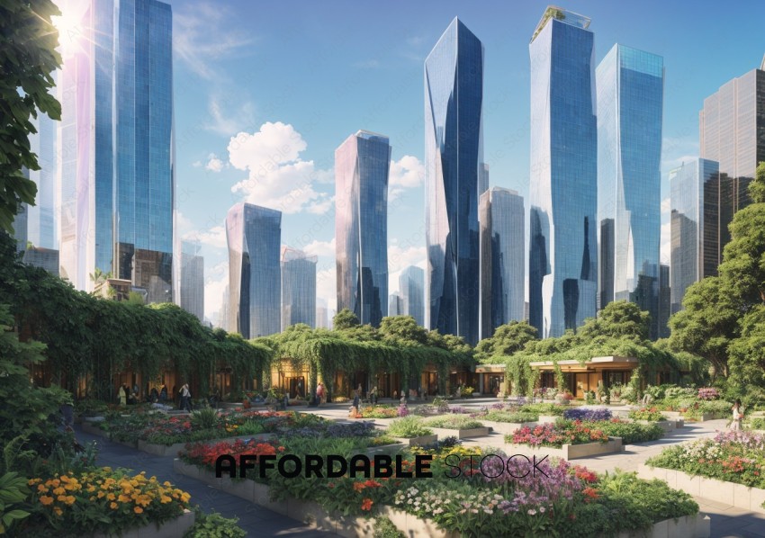 Futuristic City Park with Modern Skyscrapers