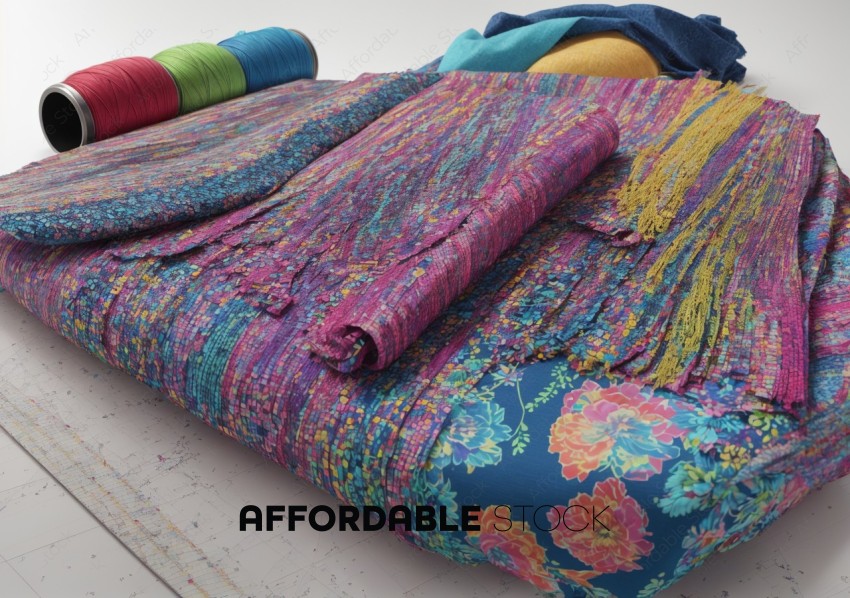 Colorful Textile Rolls with Thread Spools