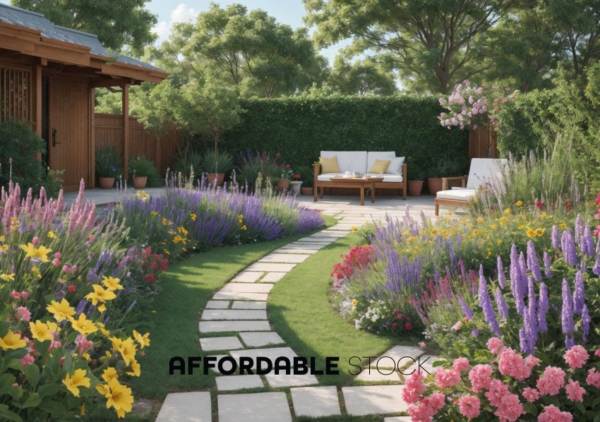 Colorful Flower Garden with Pathway and Seating Area
