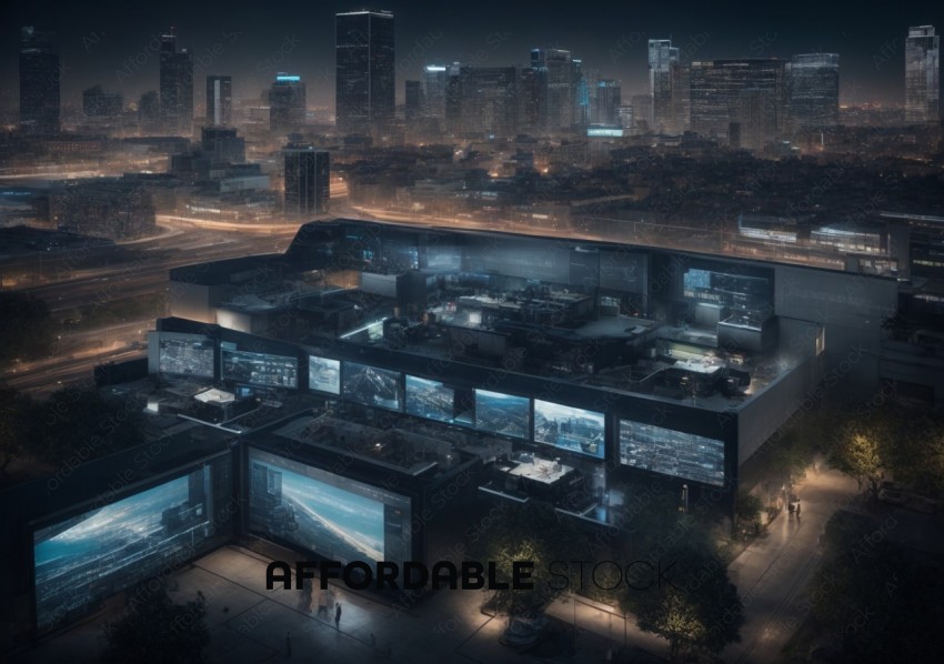 Futuristic City Control Center at Night