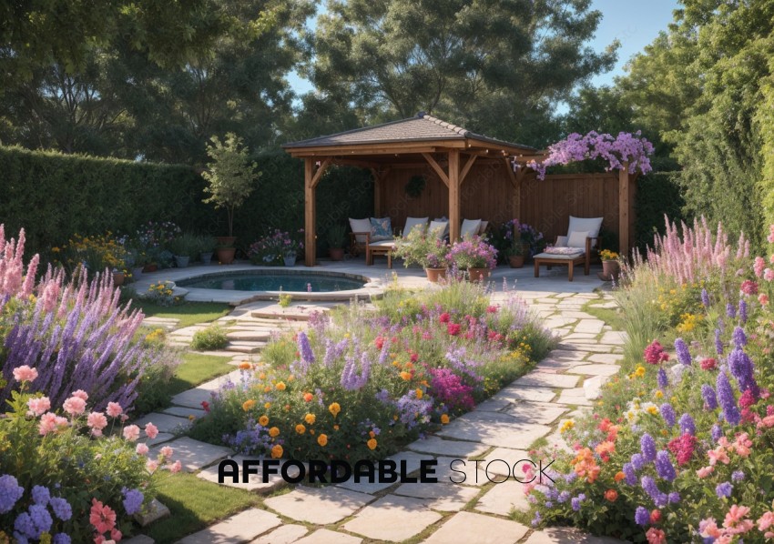 Elegant Backyard Garden with Blooming Flowers and Pergola