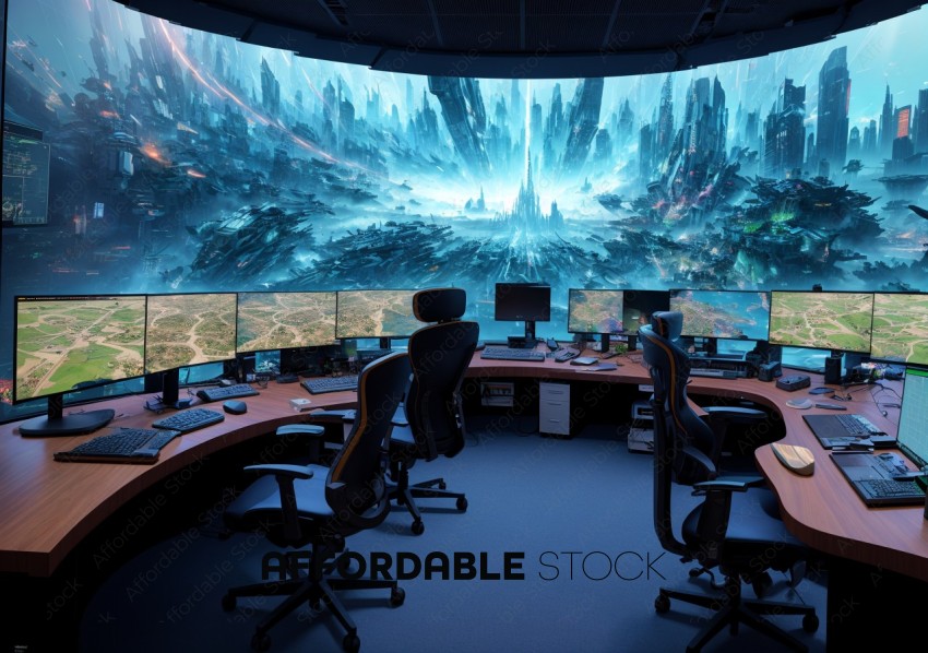 Futuristic Command Center with Sci-Fi Cityscape