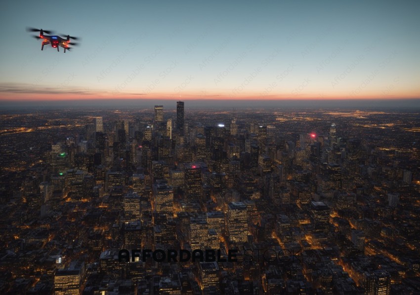 Drone Flying Over Cityscape at Twilight