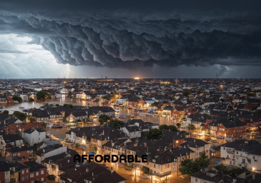 Dramatic Thunderstorm over Flooded Cityscape