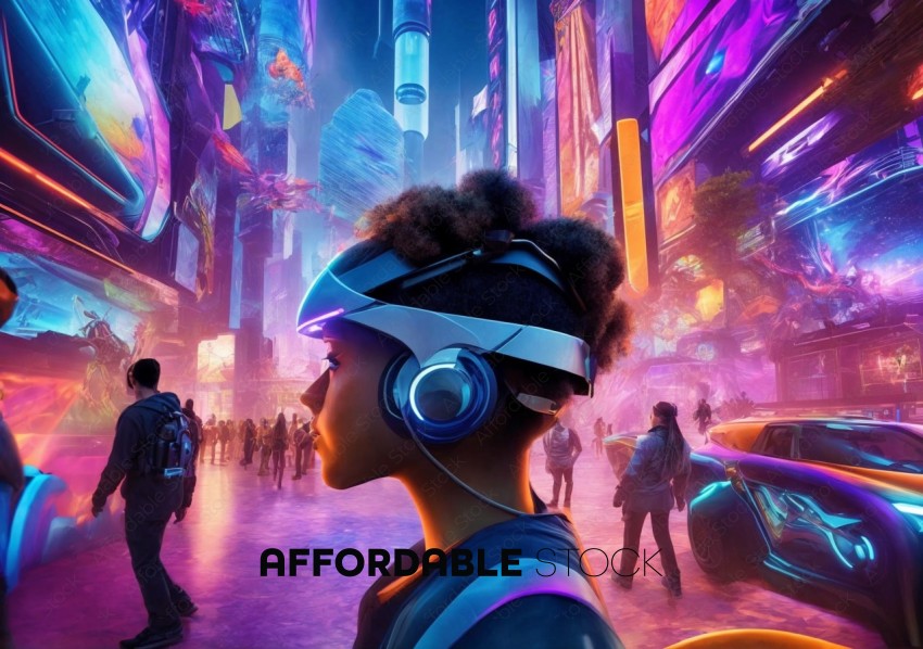 Futuristic Cityscape with VR User