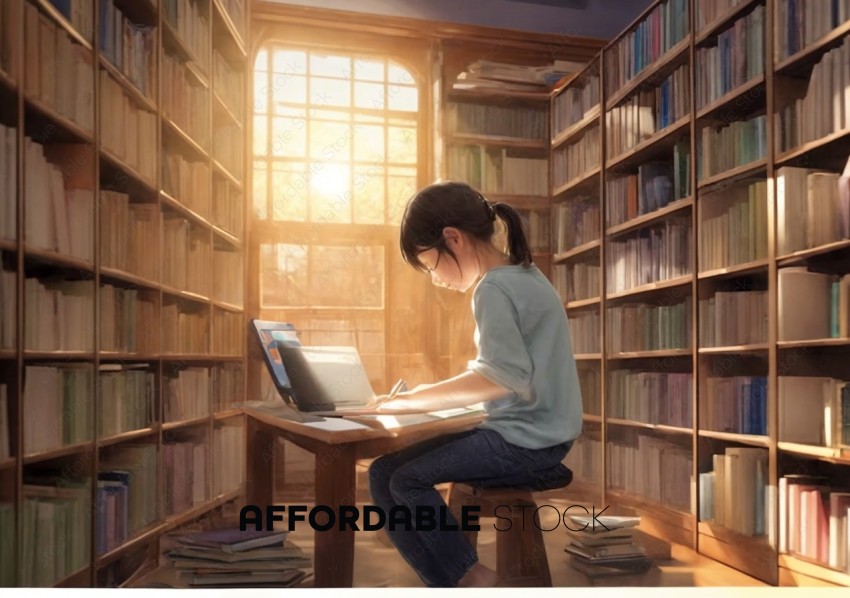 Young Girl Studying in Sunlit Library