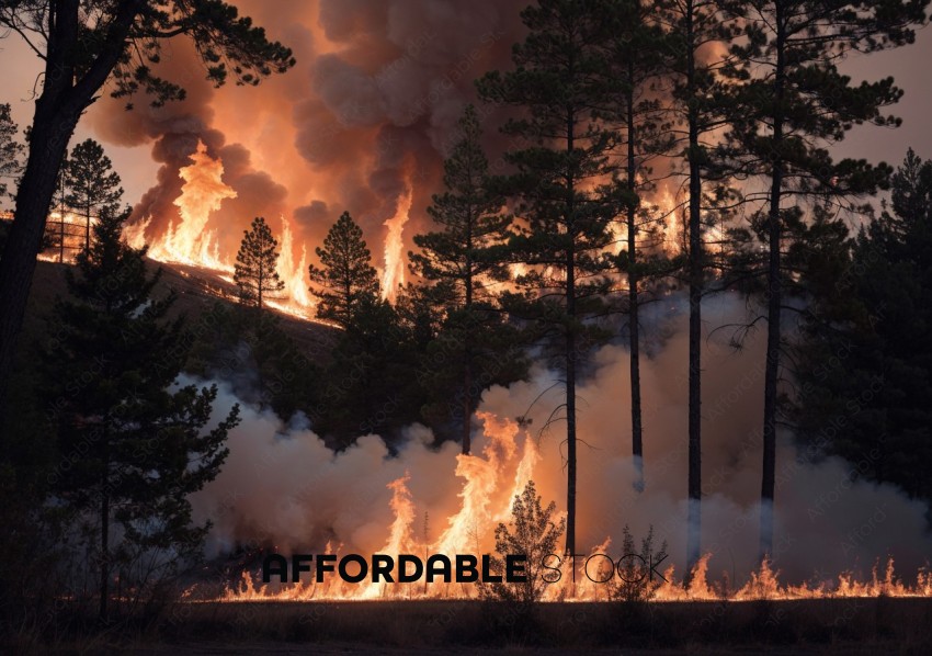 Intense Wildfire Engulfing Forest at Dusk