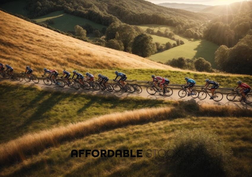 Cycling Race Through Countryside at Sunset